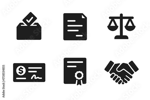 Shareholding Rights Icons. Solid, filled icon set of shareholding rights: voting ballot, shareholder meeting, contract, legal scales, dividend