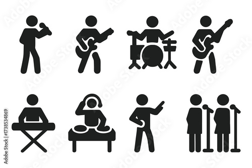 Concert Performers Icons. Solid, filled icon set of concert performers: singer, guitarist, drummer, bassist, keyboardist, DJ, conductor, backup vocalist.