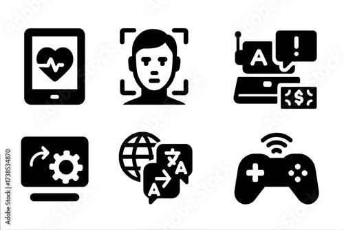 AI Application Icons. Solid, filled icon set of AI applications: medical diagnosis, facial recognition, fraud detection, chatbots, recommendation engine,