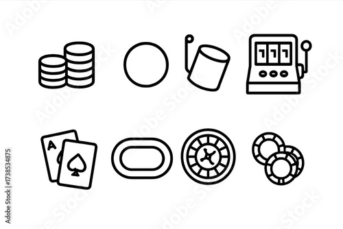 Casino Icon Set. Outline icon set of casino floor accessories: chip stacks, dealer button, dice cup, slot machine, blackjack cards, poker table, roulette