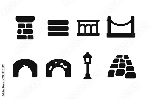 Old Bridge Icon Set. Solid, filled icon set of old bridge features: stone pillar, wooden plank, iron railing, rope support, cracked arch, mossy surface,