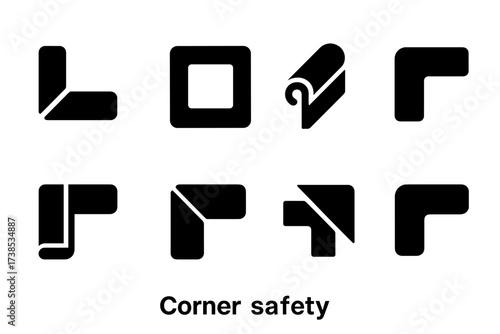 Corner Safety Icons. Solid, filled icon set of corner safety: corner protector, wall bumper, edge guard, rubber corner, foam corner, plastic corner, safety