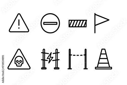 Mine Warning Icon Set. Outline icon set of mine warning signs: danger sign, no entry sign, warning tape, caution flag, hazard symbol, electric fence, perimeter