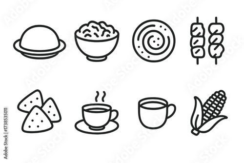Kenyan Food Icons. Outline icon set of Kenyan food: Ugali, Sukuma wiki (collard greens), Nyama choma (grilled meat), Chapati, Mandazi, Kenyan tea, Matoke