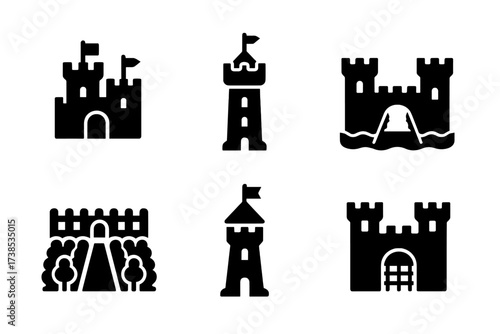 Baronial Residences Icons. Solid, filled icon set of baron residences: castle, tower, moat, drawbridge, garden, courtyard, watchtower, gatehouse. Solid, filled