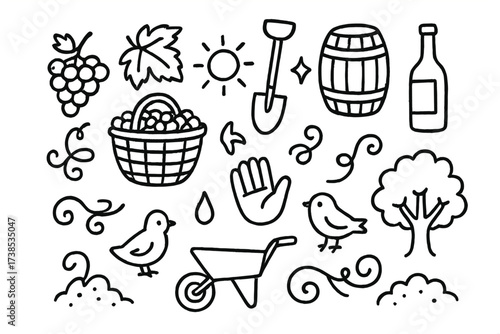 Grape Harvest Doodles. Hand-drawn doodle illustration Grape harvest grape cluster, basket, vine leaf, sun, shovel, barrel, bottle, star, droplet, hand, bird,