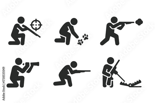Hunting Action Icons. Solid, filled icon set of hunting actions: aiming, tracking, shooting, calling, stalking, loading, cleaning gun, setting trap. Solid,