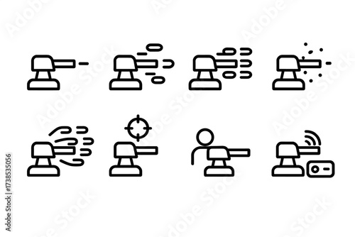 Turret Firing Icons. Outline icon set of turret firing modes: single shot, burst fire, automatic fire, suppressive fire, salvo, precision mode, manual aim,