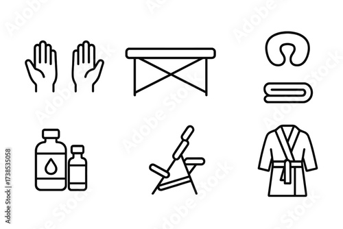 Massage Tools Icons. Outline icon set of massage therapist tools: hands, massage table, face cradle, oils, towel, massage chair, lotion bottle, spa robe. Line
