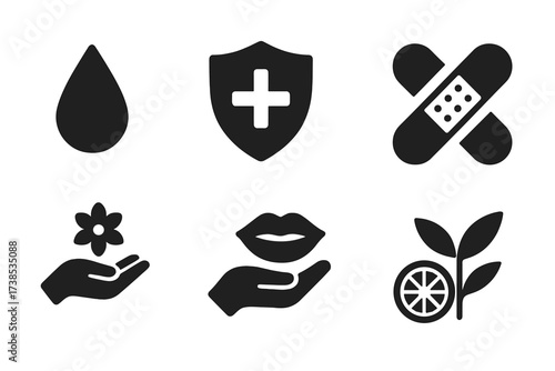 Pocket Balm Benefits Icons. Solid, filled icon set of pocket balm benefits: hydration, protection, nourishment, healing, soothing, softening, refreshing,