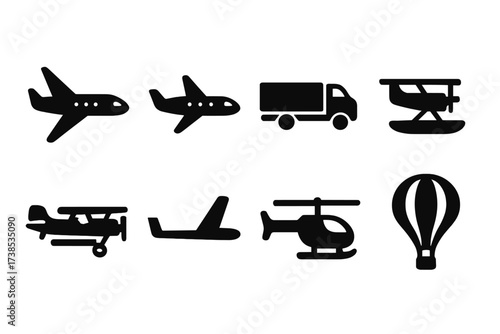 Aviation Icon Grid. Solid, filled icon set of flight types: commercial airplane, private jet, cargo plane, seaplane, biplane, glider, helicopter, hot air