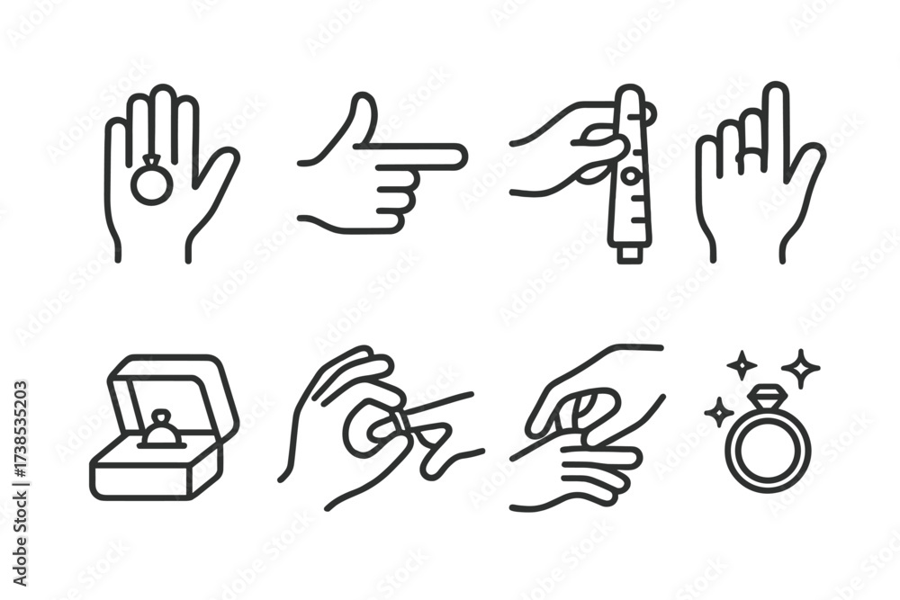 Fototapeta premium Ring Gesture Icons. Outline icon set of ring gestures: hand with ring, finger pointing, ring exchange, finger measurement, ring on display, removing ring,