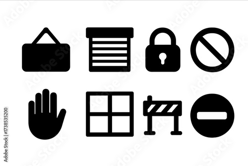 Closed Shop Icons. Solid, filled icon set of shop not open: closed sign hanging, shutter door, lock symbol, prohibition mark, stop hand, closed window,