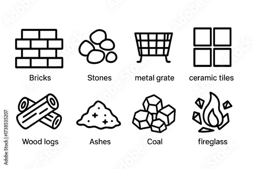 Fireplace Materials Icons. Outline icon set of fireplace materials: bricks, stones, metal grate, ceramic tiles, wood logs, ashes, coal, fireglass. Line icons