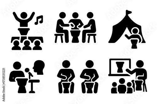 Djembe Icon Set. Solid, filled icon set of djembe performance settings: live concerts, drum circles, festivals, cultural events, studio recording, rehearsals,