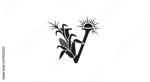 Elegant letter V logo adorned with corn and a rising sun creating a unique emblem