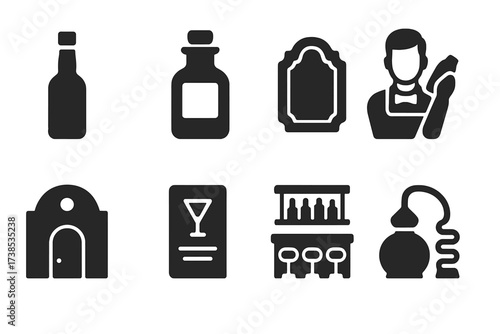 Bitters Icon Grid. Solid, filled icon set of bitters history and culture: vintage bottle, apothecary jar, old label, bartender, speakeasy, cocktail menu,