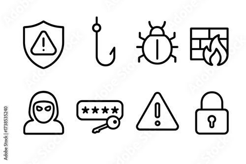 Cybersecurity Icon Grid. Outline icon set of cybersecurity risk: shield with exclamation, phishing hook, malware bug, firewall, hacker mask, password key,