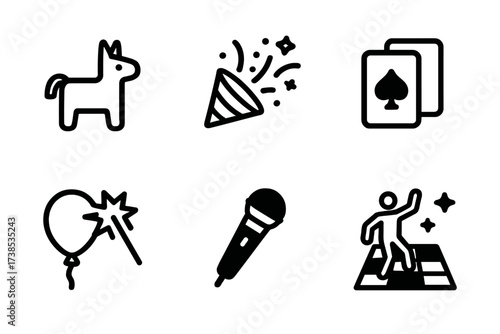 Celebration Icon Set. Solid, filled icon set of celebration games and entertainment: pinata, party popper, board game, card deck, balloon pop, karaoke mic,