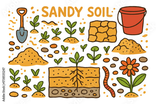 Sandy Soil Doodle. Sandy soil. Colorful Hand-drawn doodle Children illustration sandy soil grains of sand, shovel, bucket, small plants, dry cracks, soil