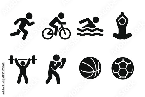 Warm-Up Sports Icons. Solid, filled icon set of warm-up sports: running, cycling, swimming, yoga, weightlifting, boxing, basketball, football. [Line icons in