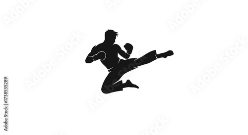 Silhouette illustration of a muscular kickboxer performing a dynamic kick on white background