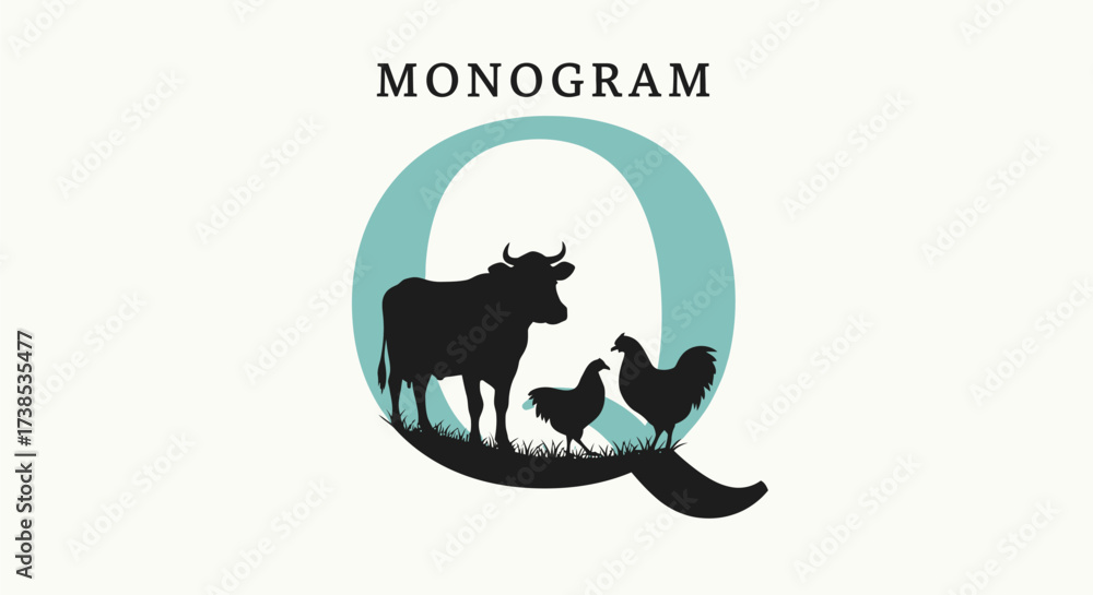Fototapeta premium Letter Q monogram logo design featuring a cow and chickens for farm branding