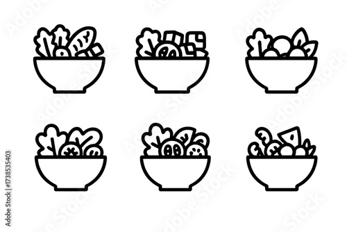 Salad Icons Grid. Solid, filled icon set of salad types: Caesar, Greek, Cobb, Caprese, Waldorf, Garden, Pasta, Fruit salad. Line icons in only black color. All