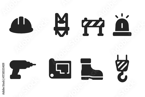 Construction Safety Icons. Solid, filled icon set of construction safety: hard hat, safety harness, barricade, warning light, power tools, blueprint, safety