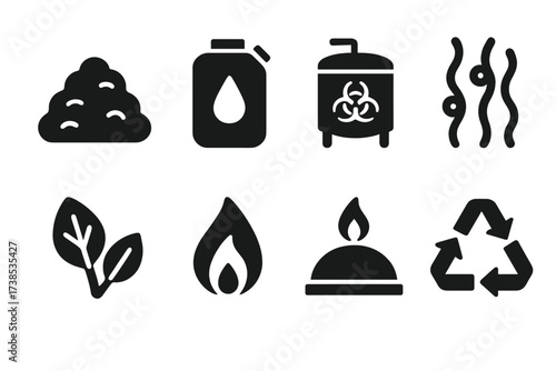 Bioenergy Icon Set. Solid, filled icon set of bioenergy: biomass pile, biofuel tank, fermentation drum, algae, plant leaf, energy flame, bio gas, recycle