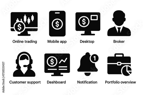 Mutual Fund Icons. Solid, filled icon set of mutual fund platforms: online trading, mobile app, desktop software, broker, customer support,