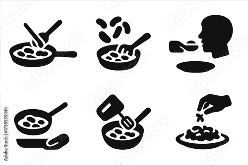Fried Bean Cooking Actions. Solid, filled icon set of fried bean kitchen actions: stirring, flipping, tasting, serving, mashing, mixing, garnishing, plating.