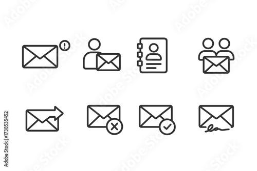 Tech Icon Grid. Outline icon set of email alert senders and recipients: email sender, email recipient, contact list, group email, email forwarding, email
