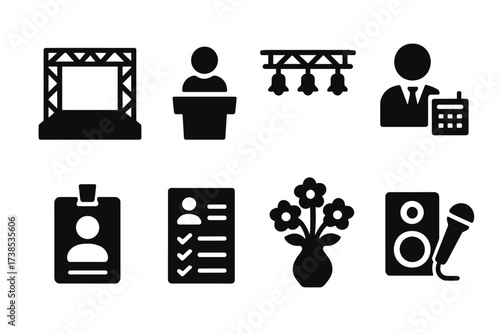 Event Service Icons. Solid, filled icon set of event service: stage setup, speaker, lighting rig, event planner, name badge, guest list, floral arrangement,