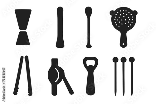 Bar Tools Icon Set. Solid, filled icon set of shaker tools and accessories: jigger, muddler, bar spoon, strainer, ice tongs, citrus squeezer, bottle opener,