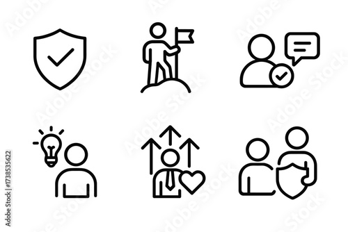 Leadership Values Icons. Outline icon set of leadership values: integrity, vision, accountability, communication, inspiration, decisiveness, empathy,
