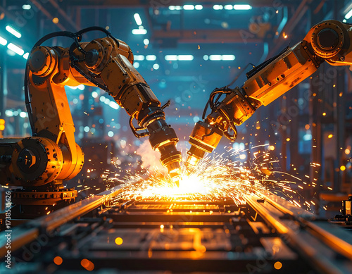 Two robotic arms are shown welding metal together, creating a shower of sparks. 