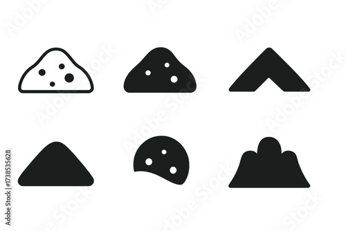 Geometric Soil Logos. Fertile soil. Set Logo of Soil mound: Soil mound. Minimal outline, Filled silhouette, Abstract geometric, Negative space, Flat solid,