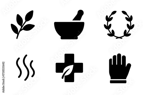 Herb Icons Grid. Solid, filled icon set of herb-related symbols: leaf sprig, mortar and pestle, droplet bottle, herbal wreath, scent lines, healing cross,