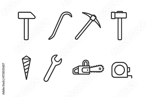 Mining Tools Icons. Outline icon set of mining tools: hammer, crowbar, pickaxe, sledgehammer, drill bit, wrench, chainsaw, measuring tape. Line icons in only