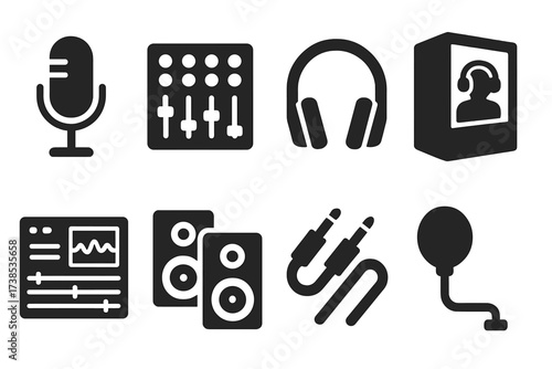 Live Band Recording Icons. Solid, filled icon set of live band recording: microphone, mixing console, headphones, soundproof booth, recording software,