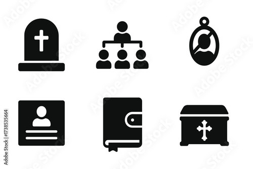 Ancestral Heritage Icons. Solid, filled icon set of ancestral heritage: tombstone, genealogy chart, ancestral altar, family heirloom, memorial plaque, old