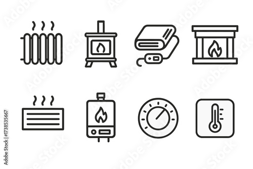 Home Heating Icons. Outline icon set of home heating: radiator panel, wood stove, electric blanket, fireplace mantel, heater vent, gas furnace, thermostat