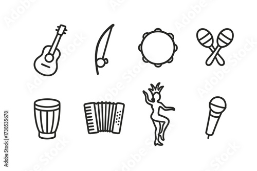 Brazilian Music Icons. Outline icon set of Brazilian music and dance: guitar, berimbau, tambourine, maracas, drum, accordion, dancer silhouette, microphone.