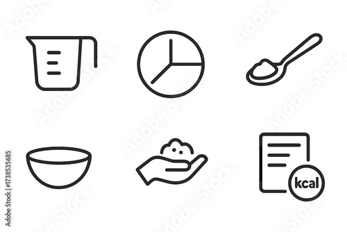 Serving Size Icons. Outline icon set of serving size: measuring cup, portion plate, food scale, spoonful, small bowl, hand holding food, nutrition label,