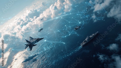 Dramatic aerial view of fighter jets flying over a futuristic cityscape.