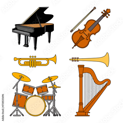 Musical instruments including a piano violin trumpet french horn drums and harp arranged for music education and orchestral concepts and musical performances