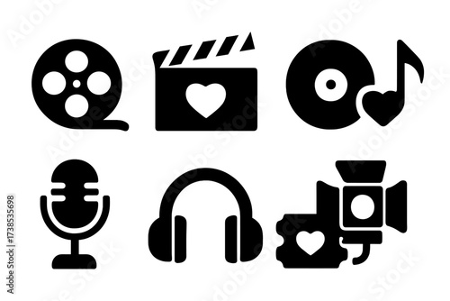 Romantic Media Icons. Solid, filled icon set of romantic movies and music: film reel, clapperboard, vinyl record, musical note, microphone, headphones, ticket