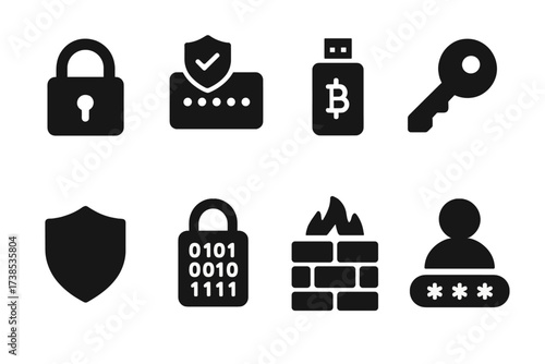 Crypto Security Icons. Solid, filled icon set of crypto security: padlock, two-factor authentication, hardware wallet, private key, shield, encryption,