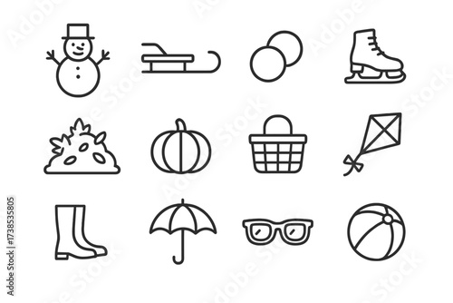 Seasonal Outdoor Icons. Seasonal outdoor fun. Line icon set of seasonal outdoor fun: snowman, sled, snowball, ice skates, leaf pile, pumpkin, picnic basket,